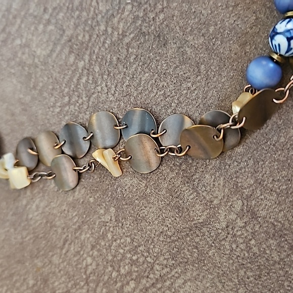 VTG Coldwater Creek Ceramic Shell Bronze Disc Beaded Chain Long Necklace - Picture 4 of 9